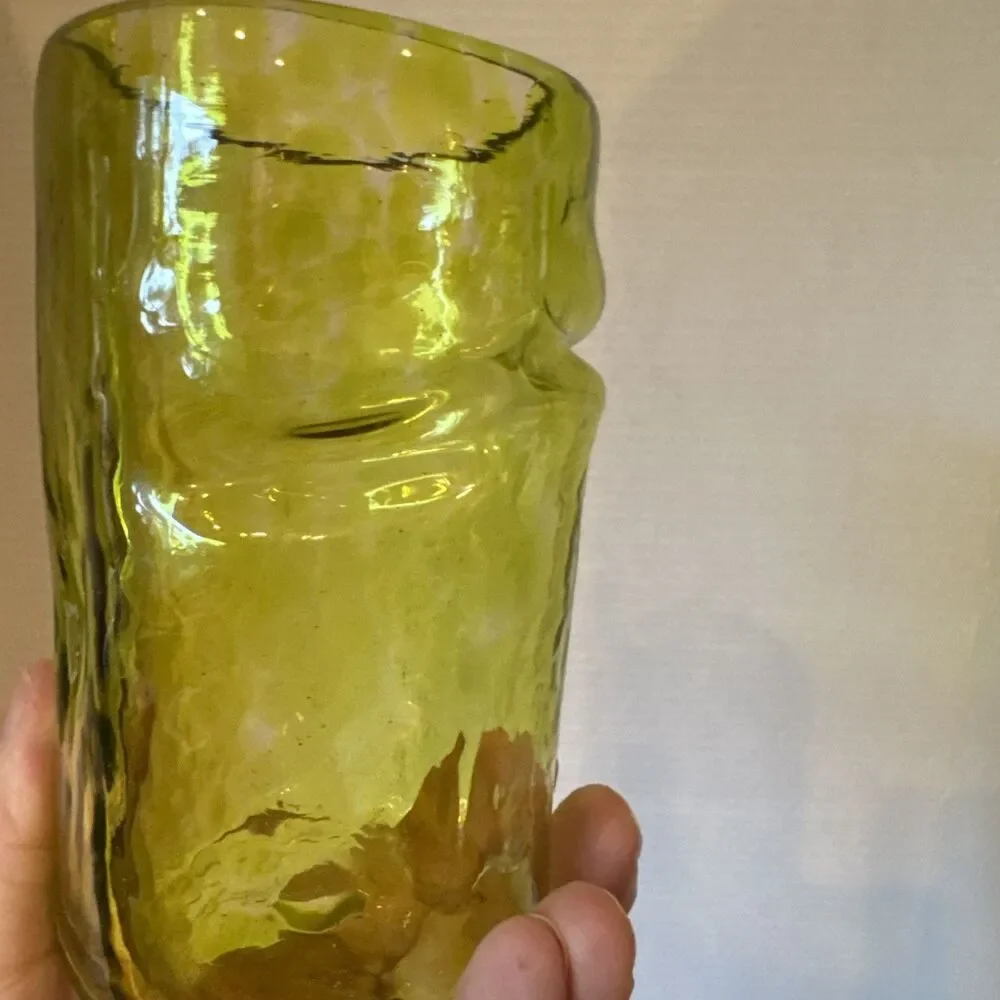Hand Blown Art Glass Tumbler Yellow Spots Organic Pinched Shape 5” Tall Thick